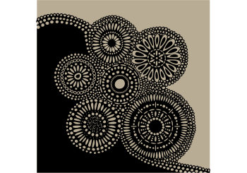 Abstract Circles Dots Flowers Black on Tan Print